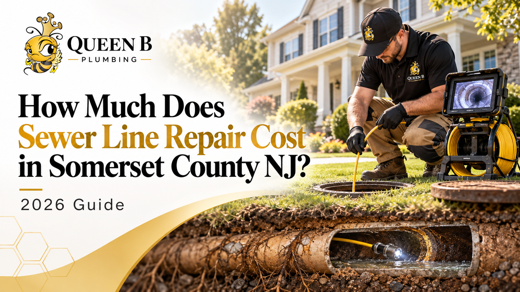 Sewer line repair cost guide graphic with plumber inspecting a broken pipe under a lawn