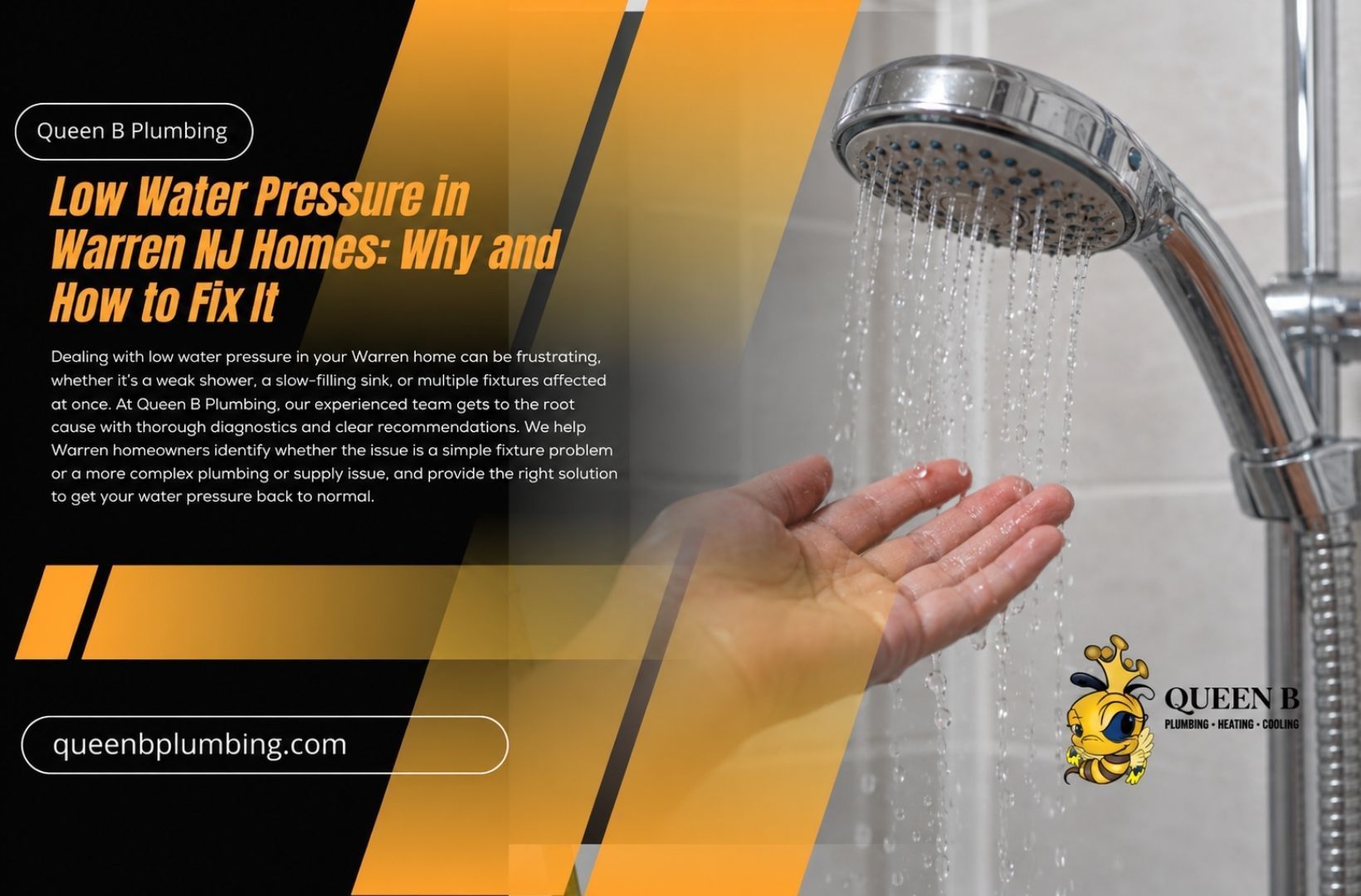 Water pressure graphic with showerhead and hand, titled “Low Water Pressure in Warren, NY Homes”