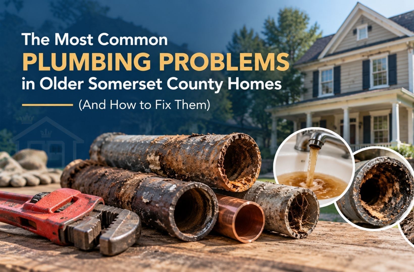 Old rusty plumbing pipes and tools beside a house with the text “The Most Common Plumbing Problems in Older Somerset County Homes”