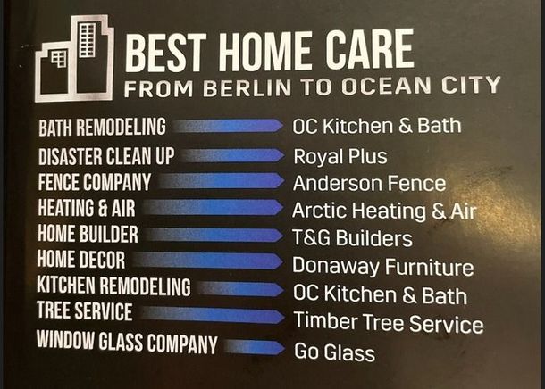 Best Home Care service ad with beige text and white house icon, listing home repair companies in Berlin to Ocean City