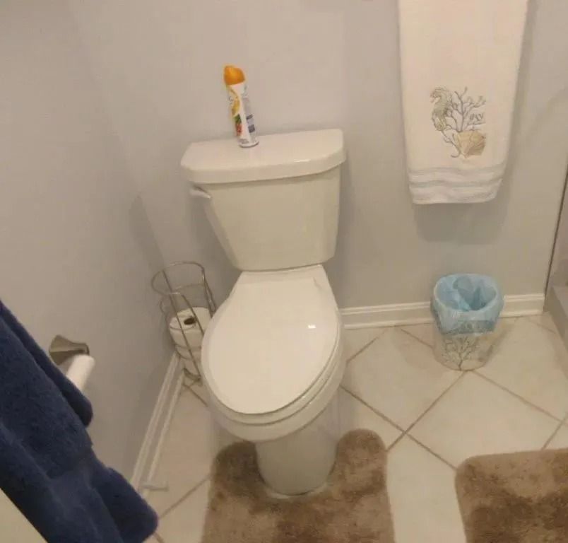 Small bathroom with a toilet, towel, trash can, and bath mats.