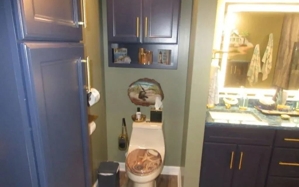 Narrow bathroom with blue cabinets, white toilet, sink, and warm lights over a vanity mirror