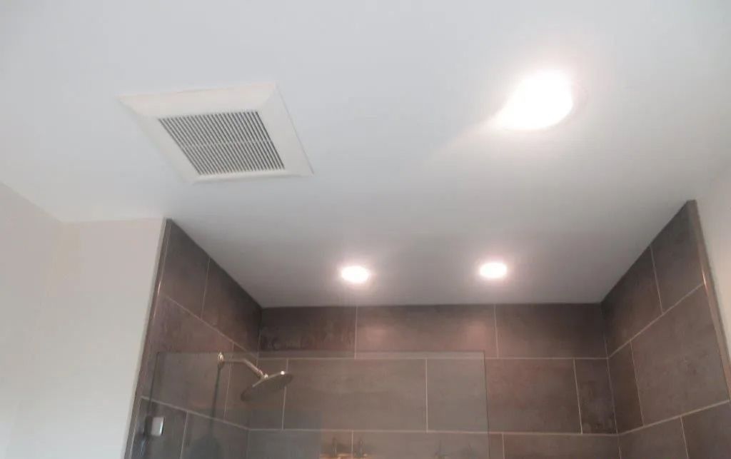 Small tiled shower stall with dark brown walls, chrome showerhead, ceiling vent, and recessed lights