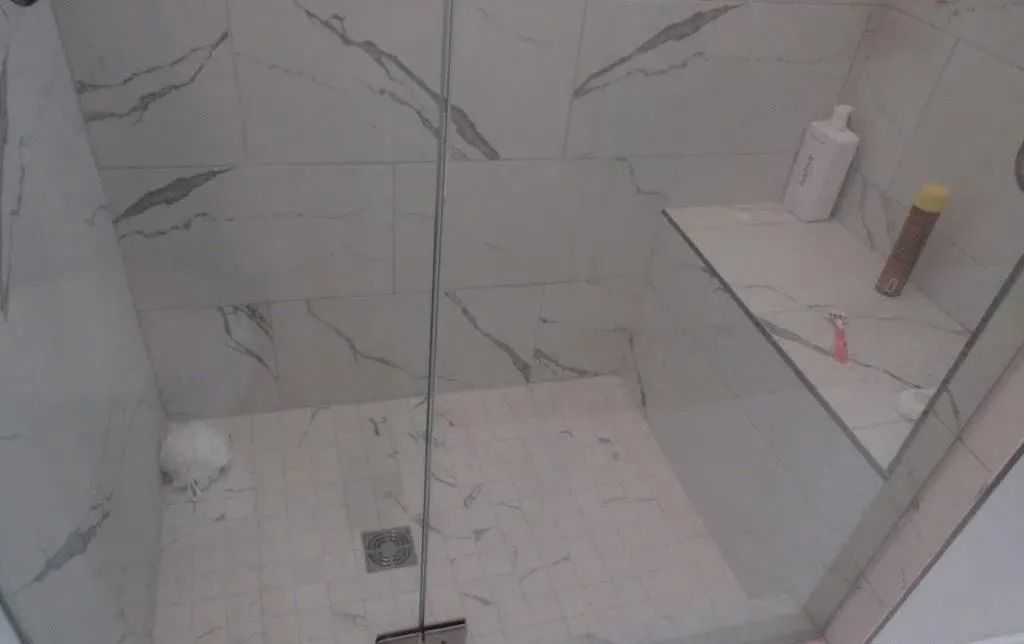 Modern tiled shower with a glass door, built-in shelf, and toiletries on a corner ledge.