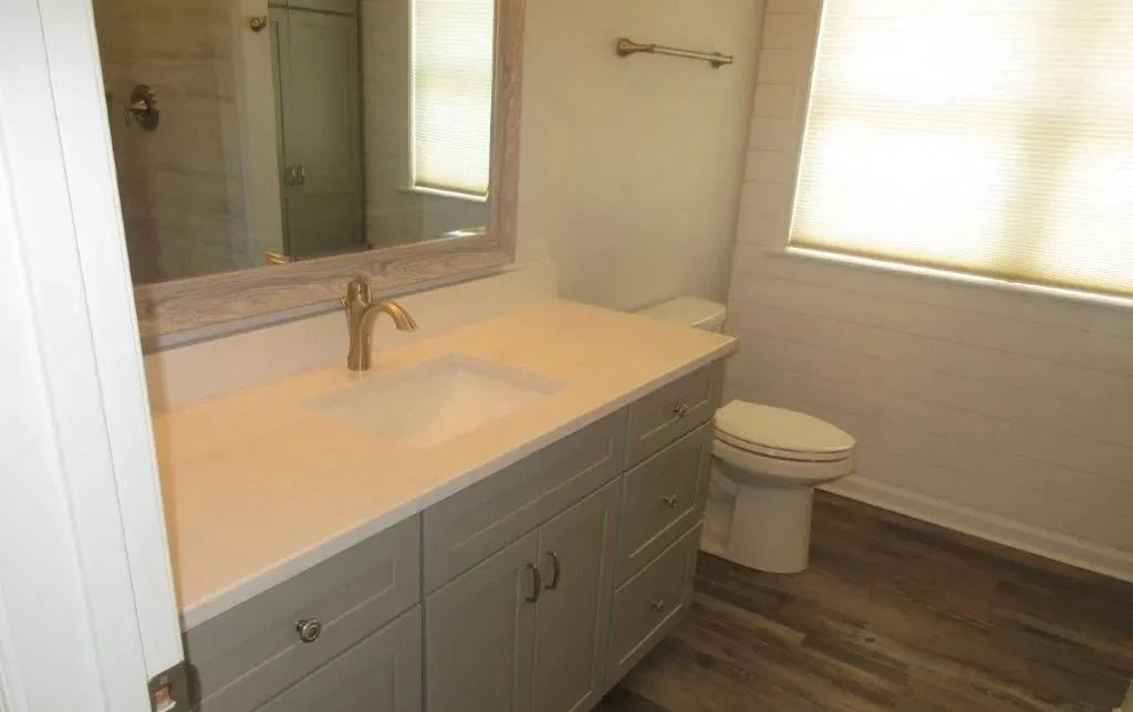 Modern bathroom with gray vanity, large sink, mirror, and window beside a toilet