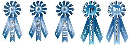 Blue award ribbons labeled 2016, 2017, 2018, 2019, and 2020, with 1st, 3rd, and 1st place rosettes