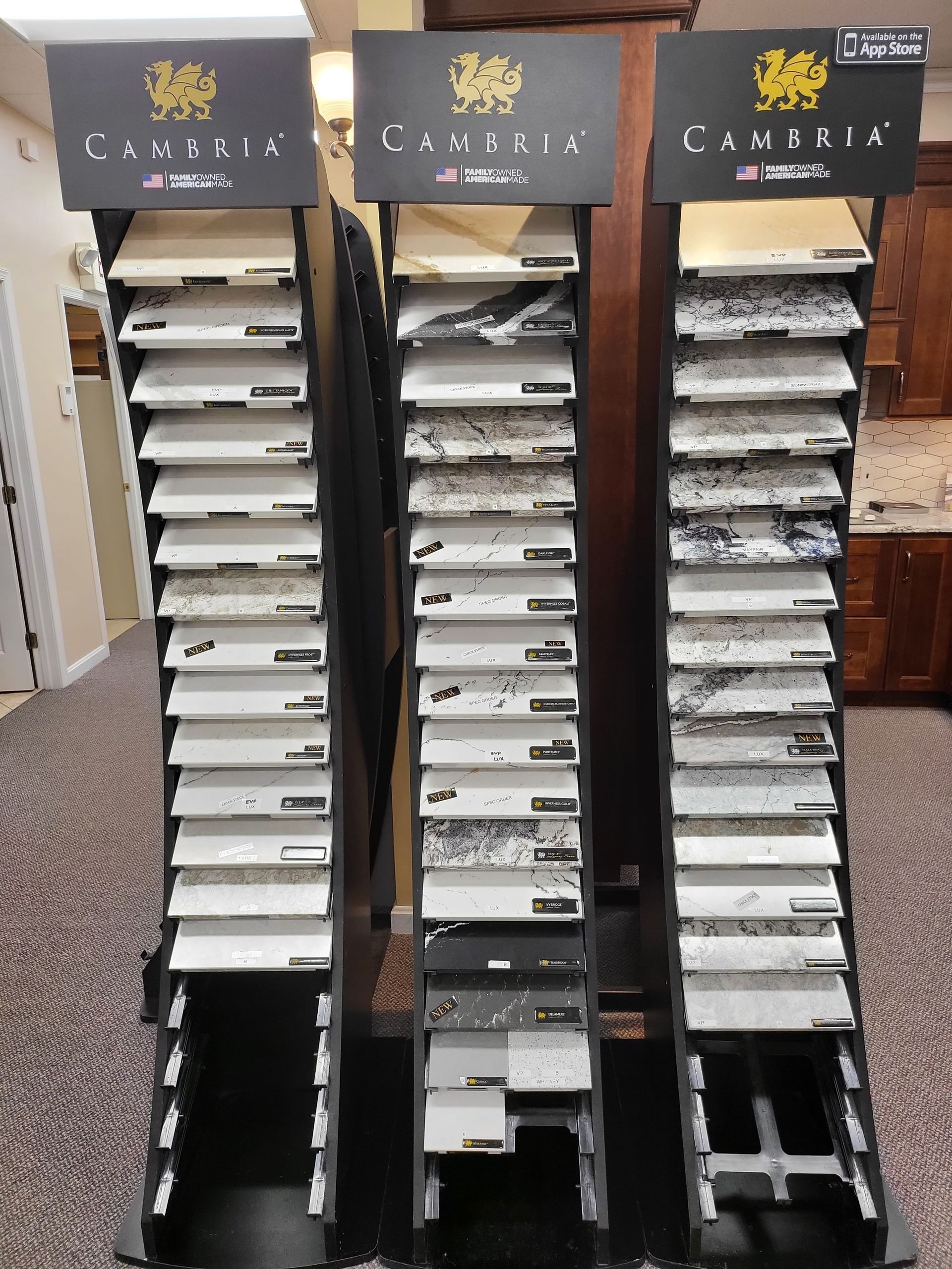 Three tall pamphlet racks filled with brochures in a carpeted lobby or hallway.