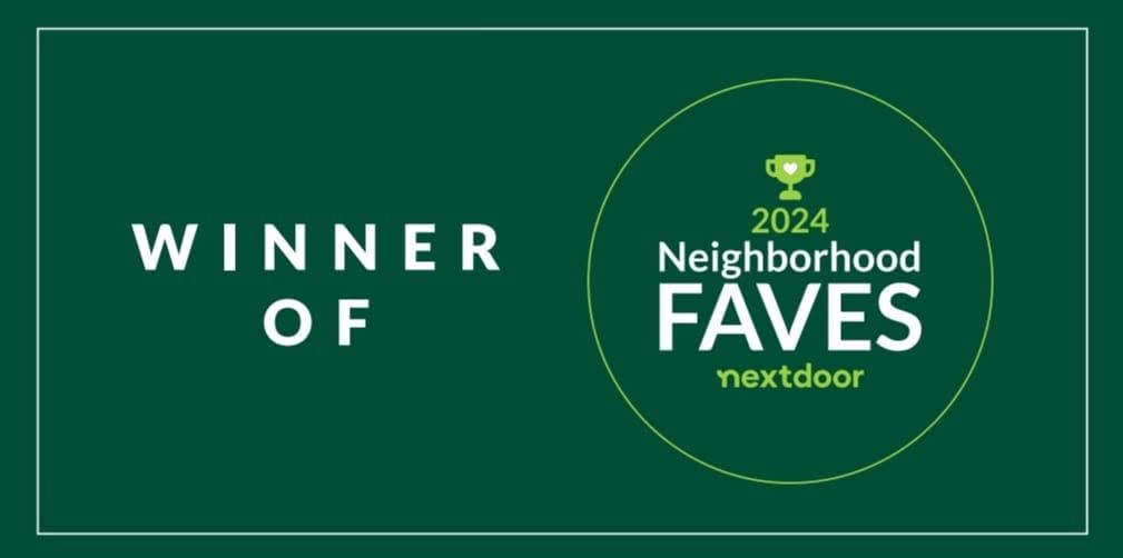 Green banner reading “WINNER OF” beside a 2024 Neighborhood Faves Nextdoor badge