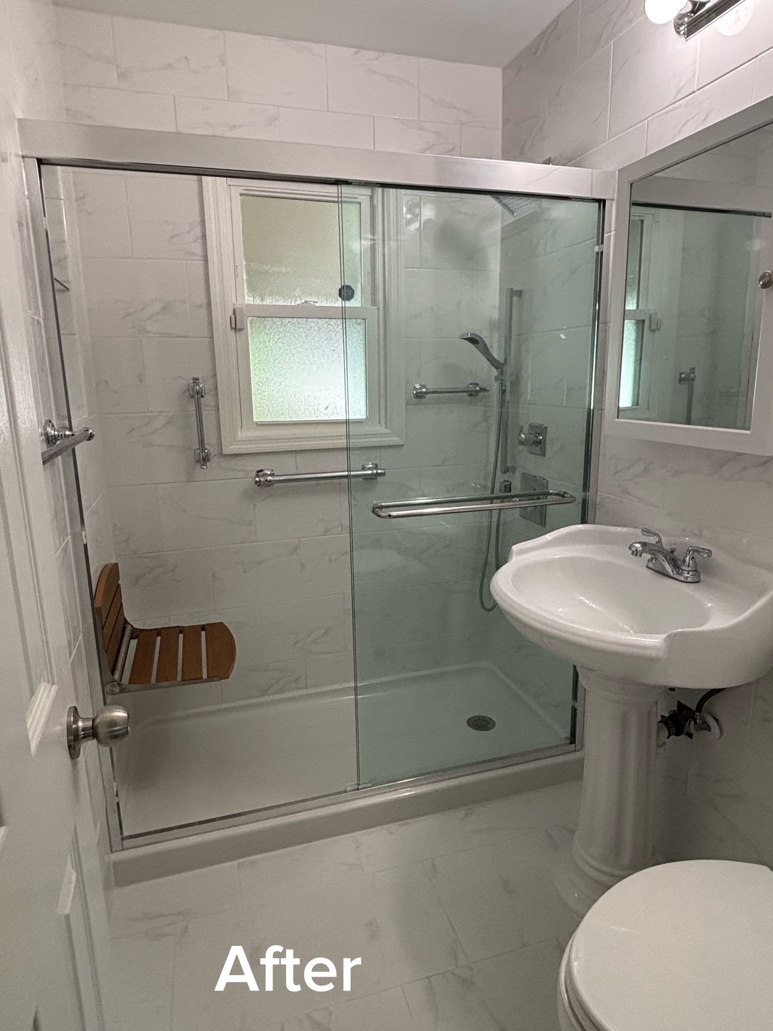 Small white bathroom with glass shower enclosure, sink, and toilet; labeled “After”