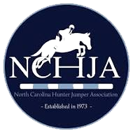 North Carolina Hunter Jumper Association logo with white horse and rider on dark blue circle