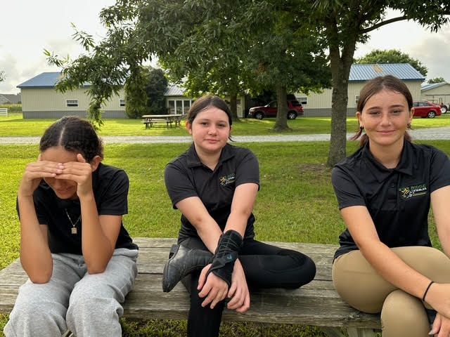 Three people sit on a sidewalk under trees, one covering her face, in a grassy park-like area.