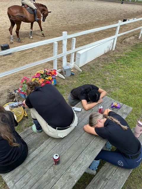People kneeling on a boardwalk beside flowers, watching a horse and rider in an outdoor arena.