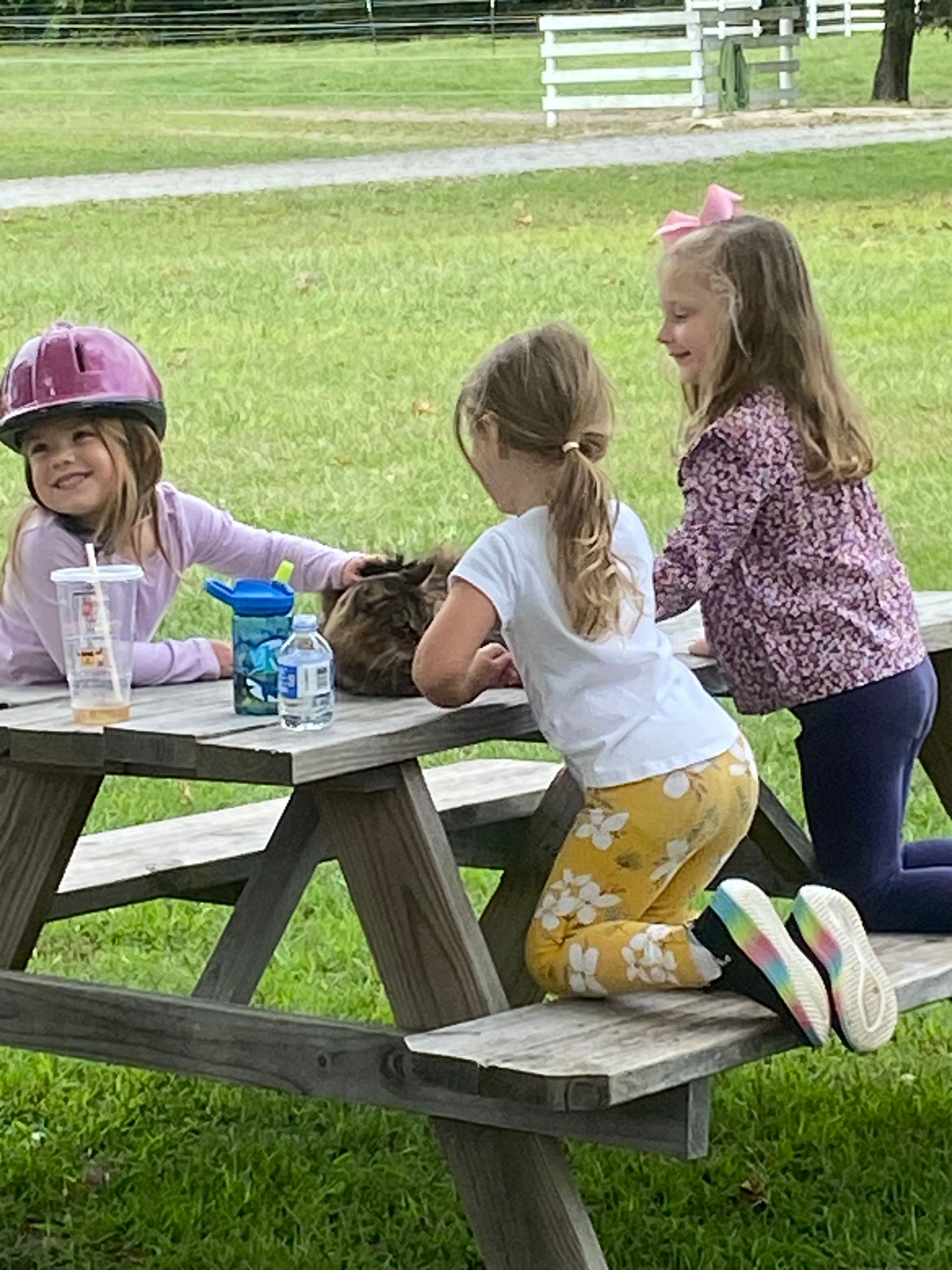 Three children sitting and playing at a picnic table in a grassy park.