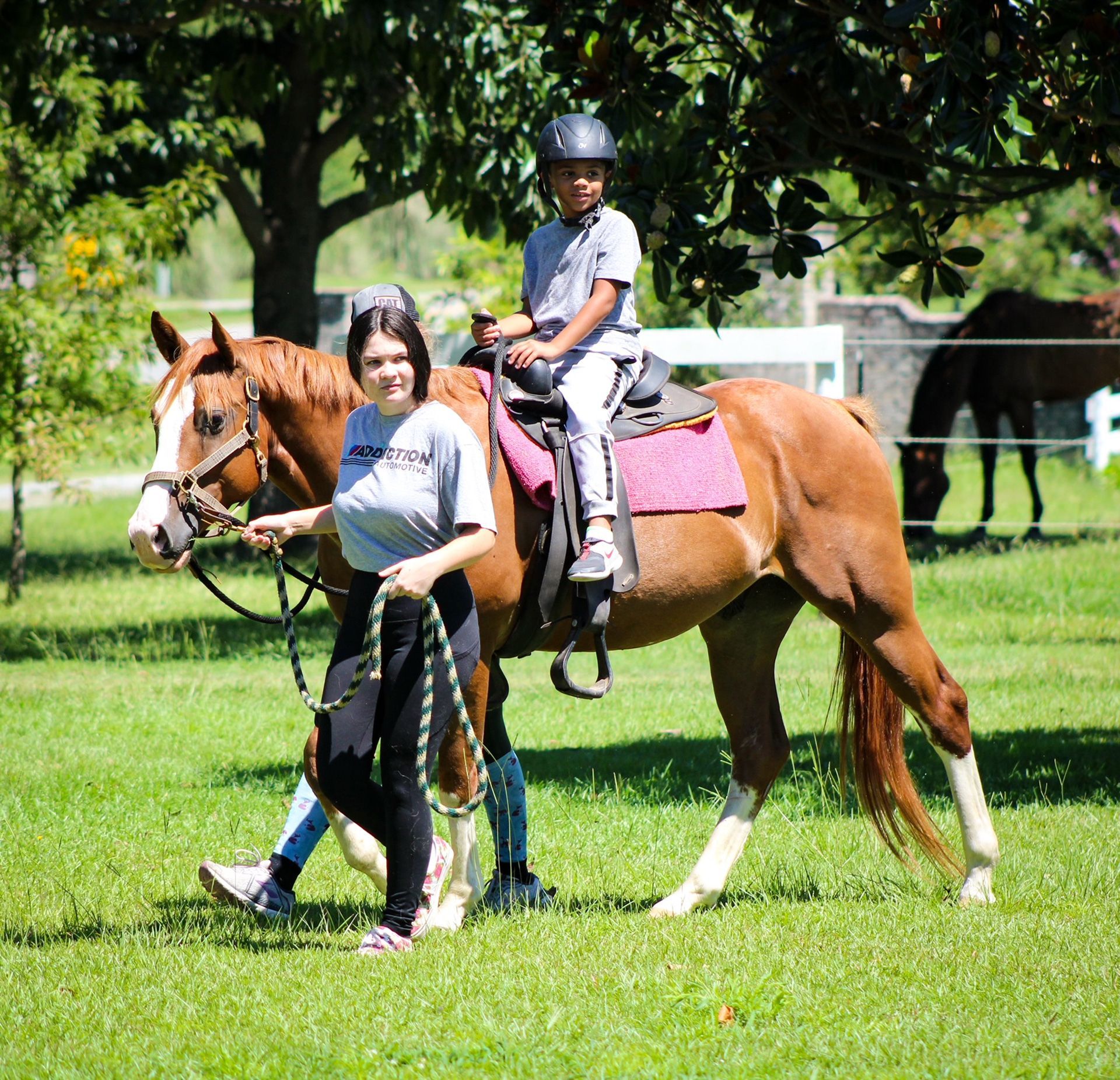 Child riding a brown horse while an adult leads it across a sunny grassy field