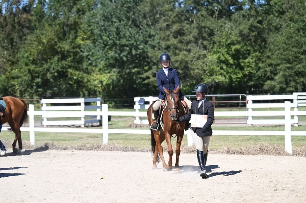 Rider on chestnut horse being led by trainer in an outdoor riding arena with white fence