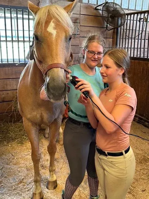 Two women grooming a tan horse inside a stable.