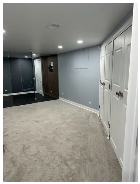 An empty basement with a carpeted floor and white doors.