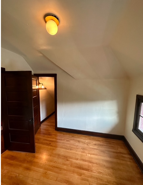 A room with hardwood floors and a ceiling light
