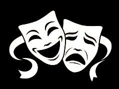 A pair of comedy and tragedy masks on a black background.