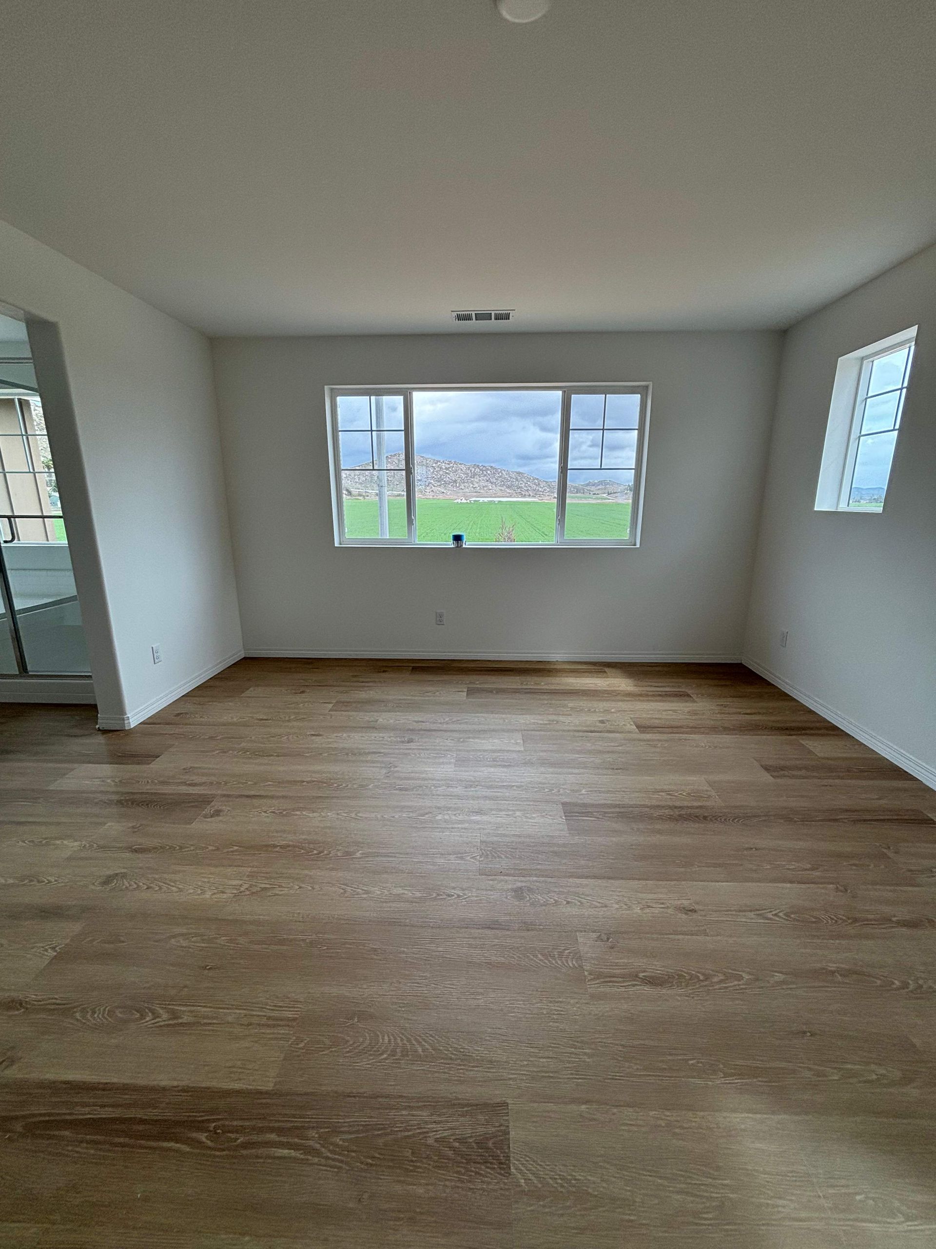 Empty room with wood-look flooring, white walls, and a window overlooking greenery.