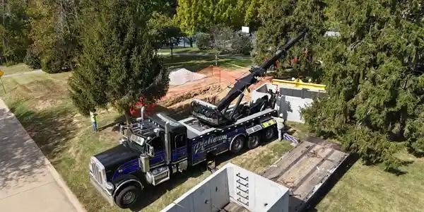 A large tow truck with its boom extended, next to trees.