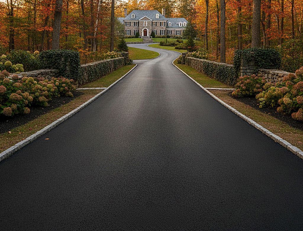 Curving paved driveway leading to a large house, lined with autumn trees and shrubs