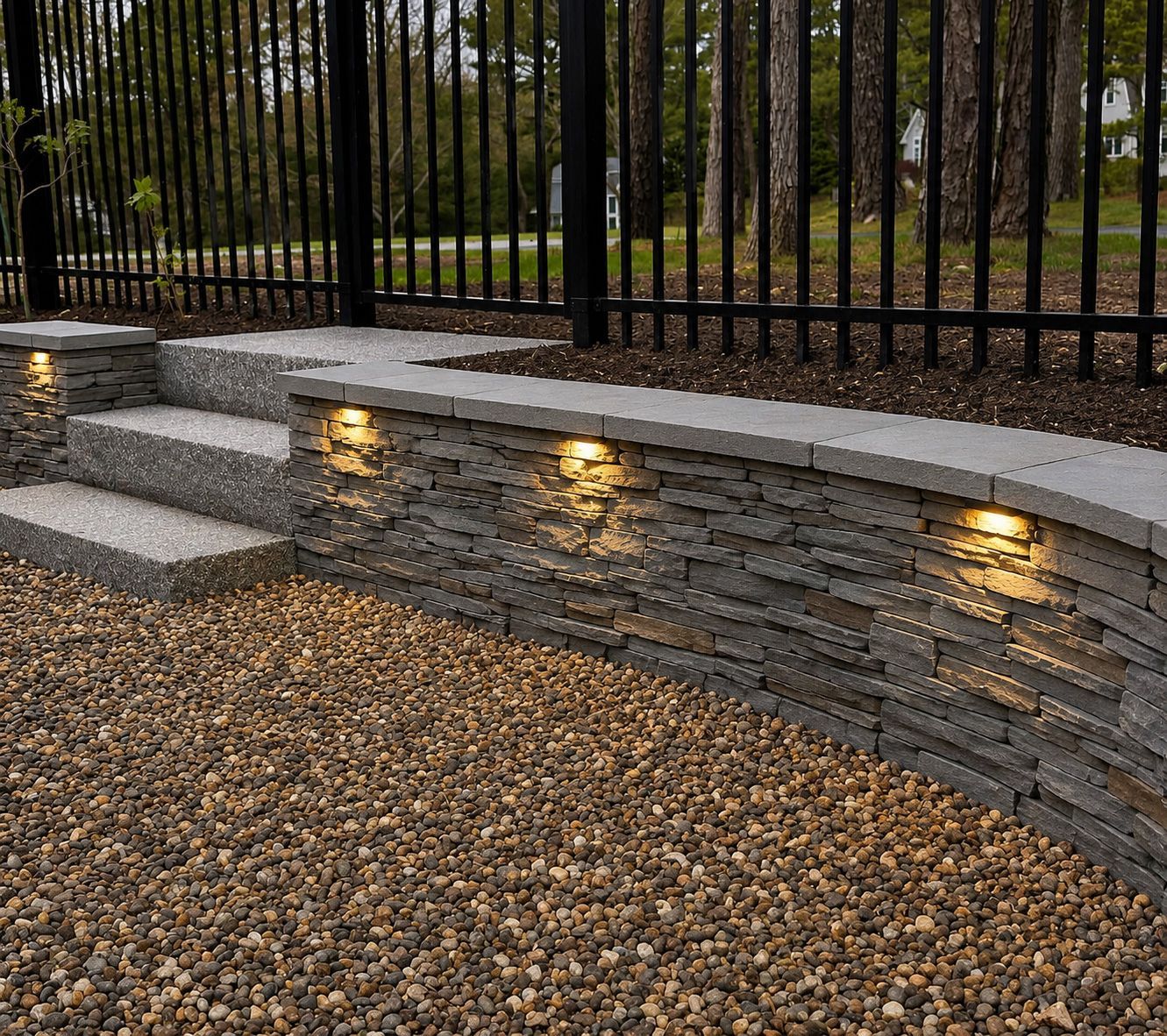 Curved stone garden wall with lit step lights and gravel foreground beside a black iron fence