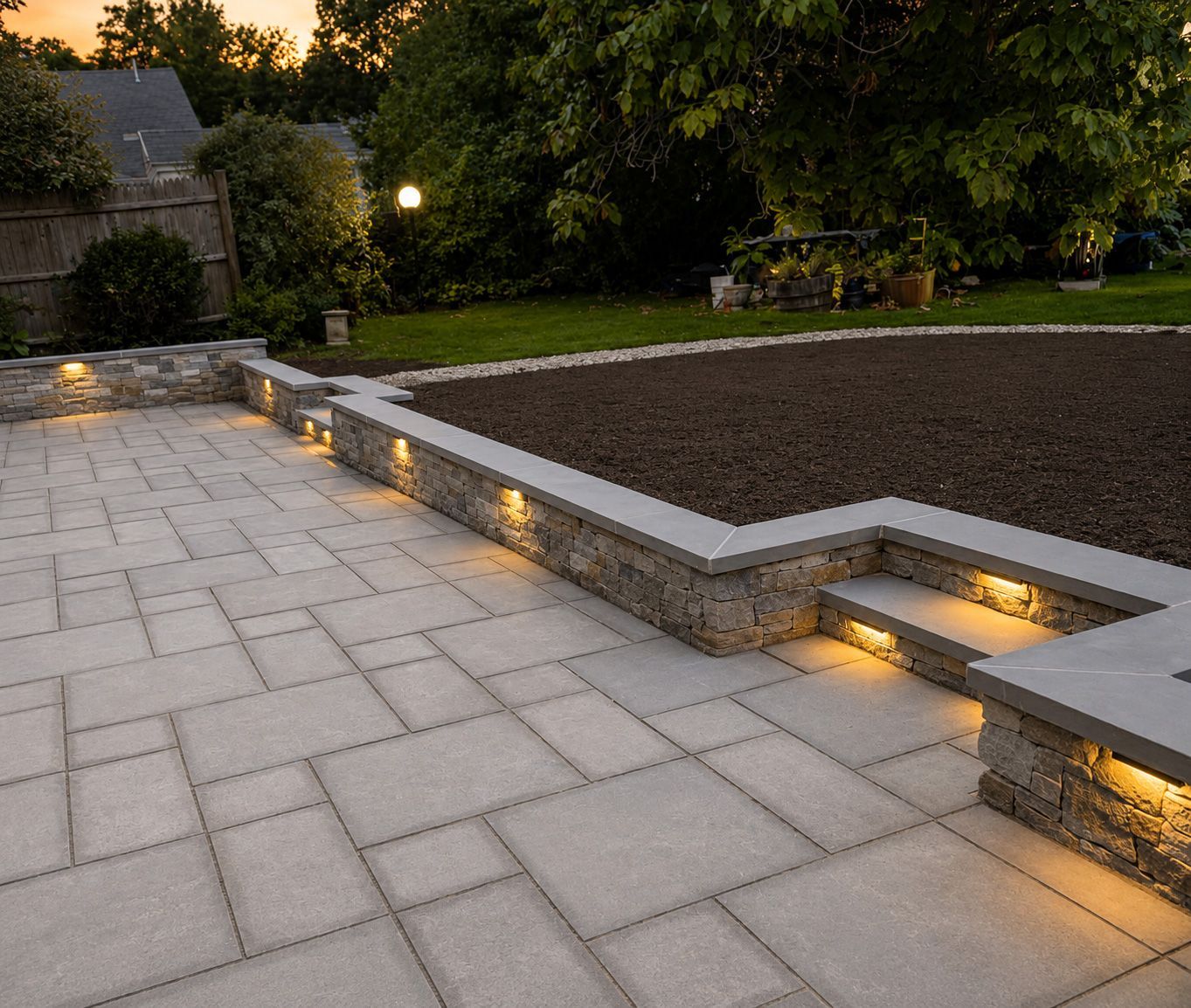 Modern stone patio with built-in warm lighting beside a raised garden bed at dusk