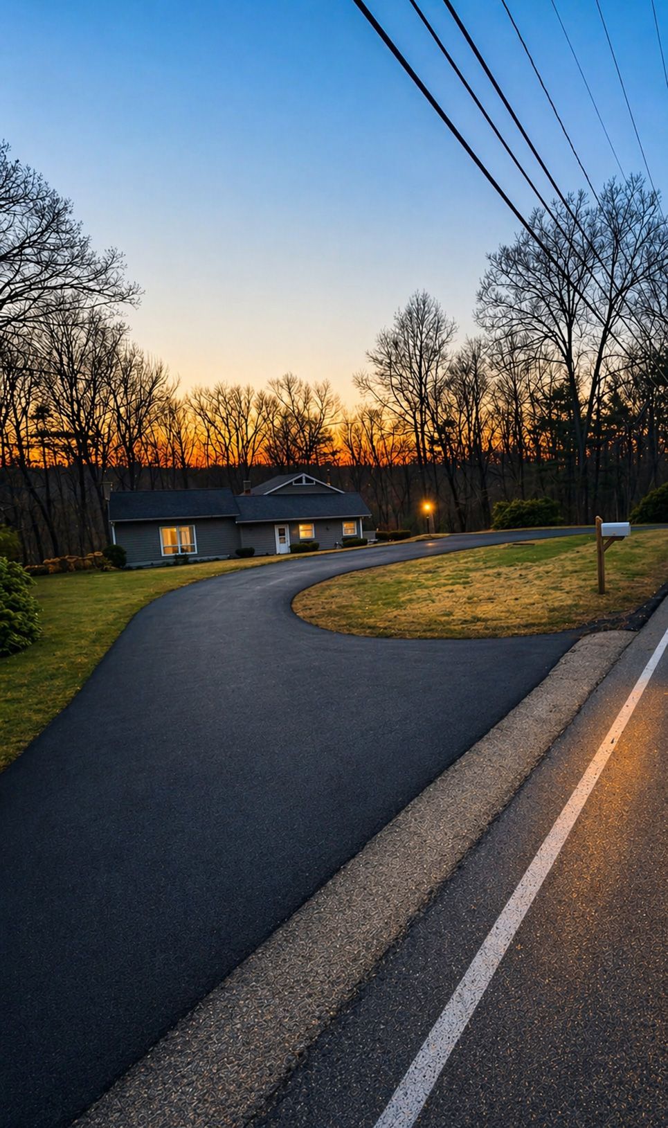 Curving road at dusk through a wooded area, with lit houses in the distance and power lines overhead.