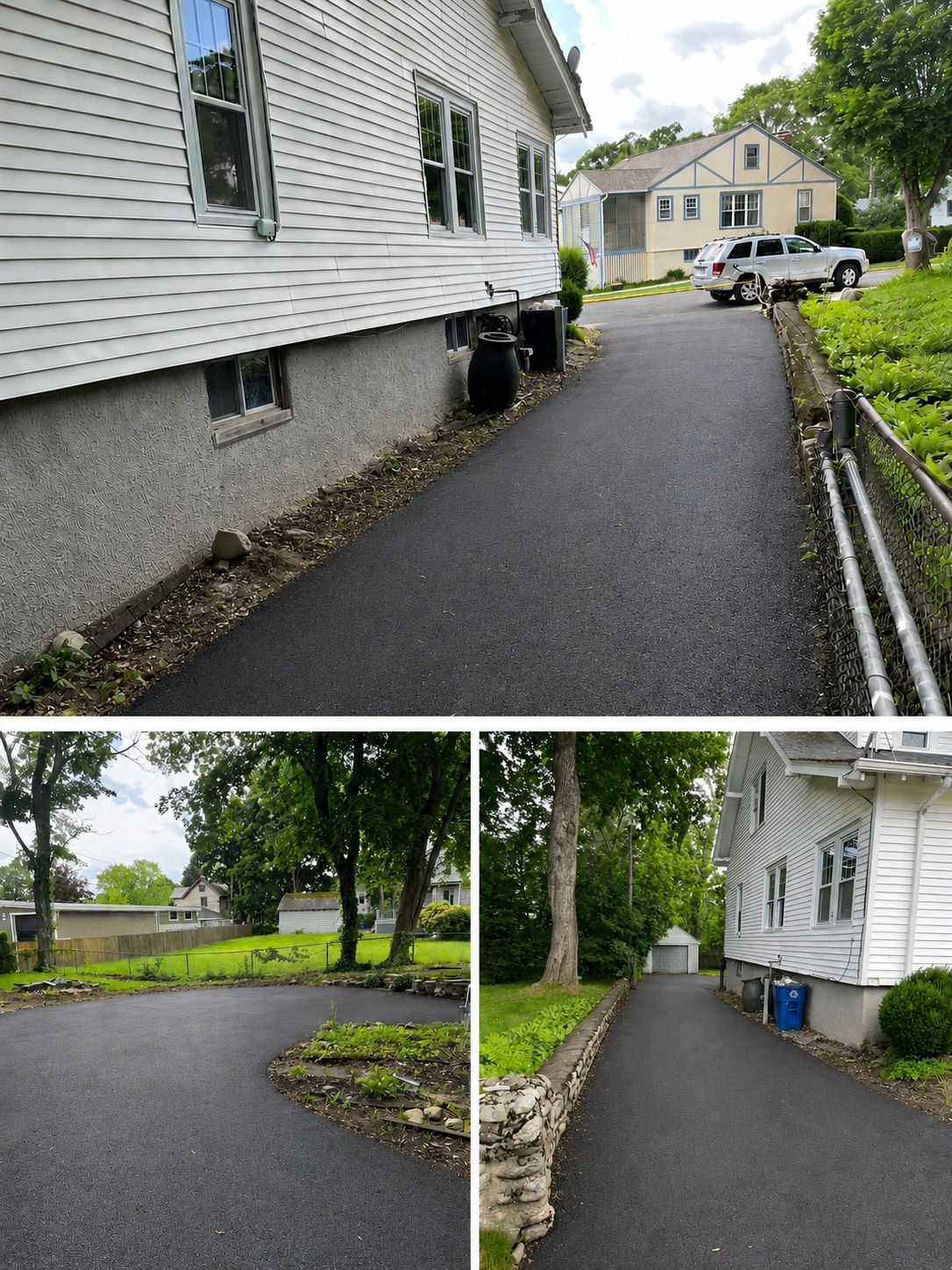 Narrow paved walkway beside a white house, with a parking area, trees, and neighboring homes in the distance.