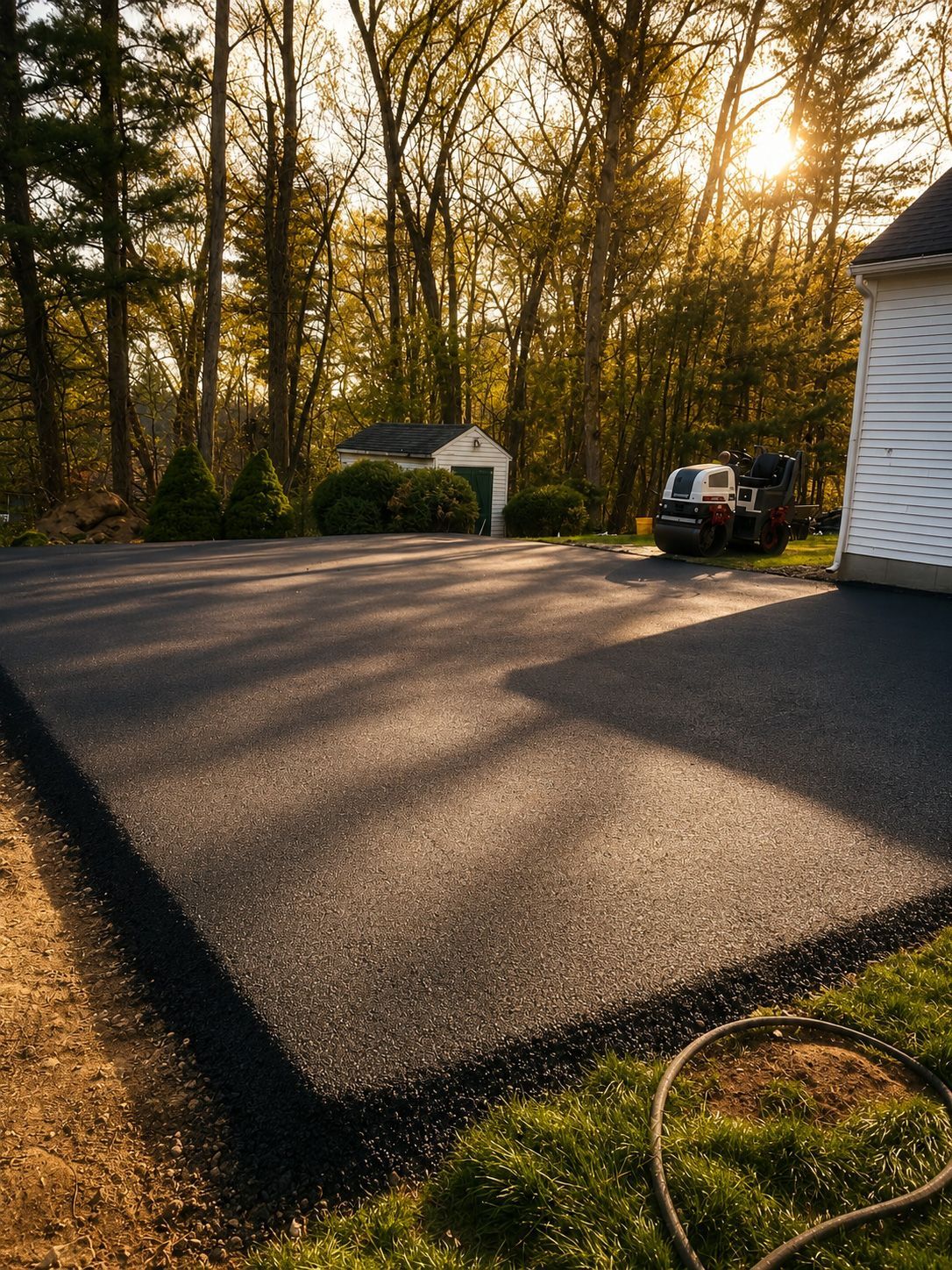 Freshly paved black driveway beside a white house, with trees and a parked vehicle at sunset