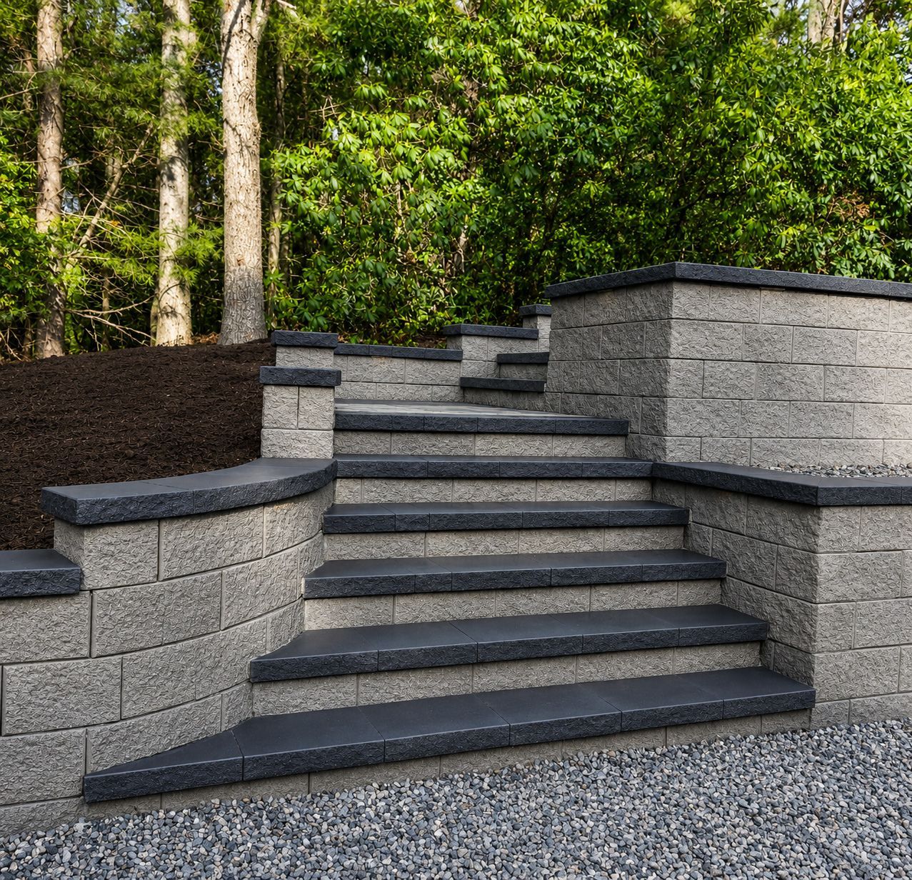 Curved gray stone steps with dark caps leading up through a landscaped gravel and wooded area