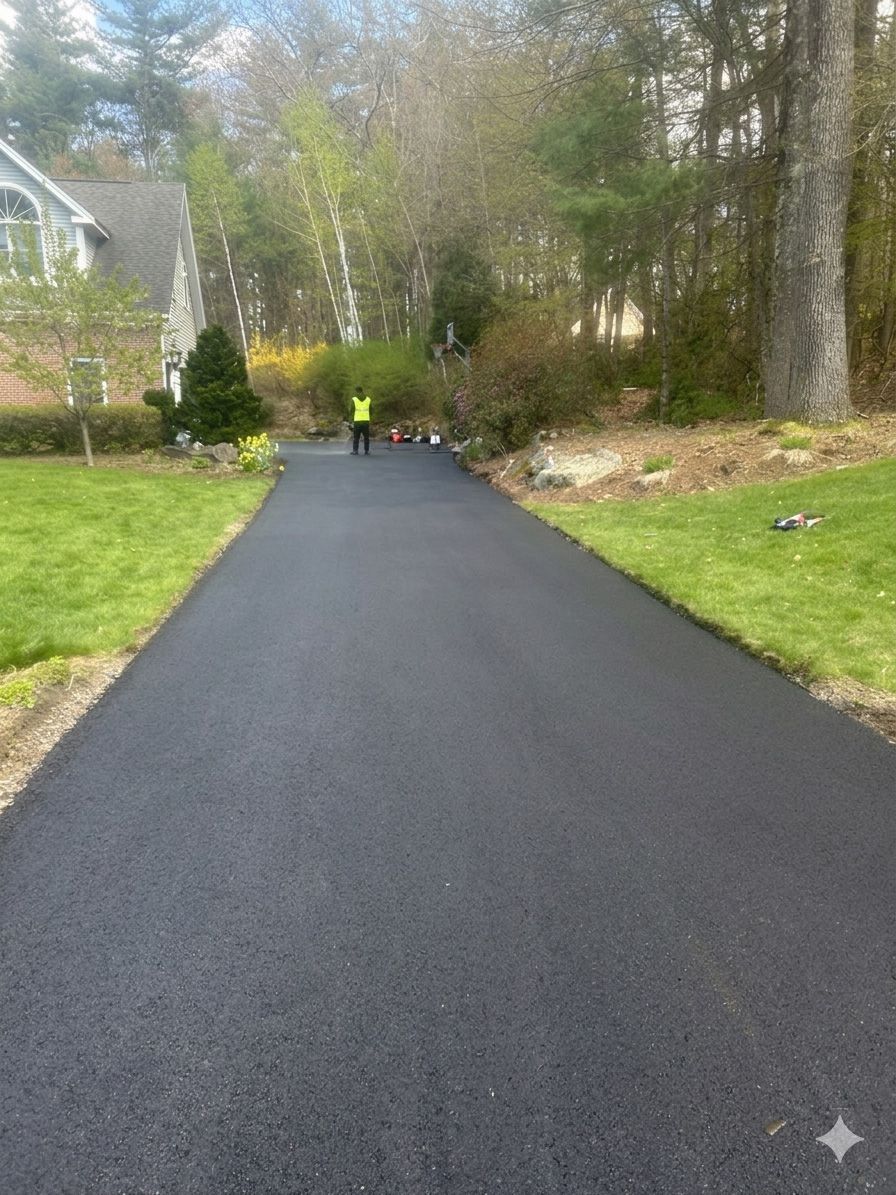 Black paved driveway lined with green grass and trees, leading to a house in the distance