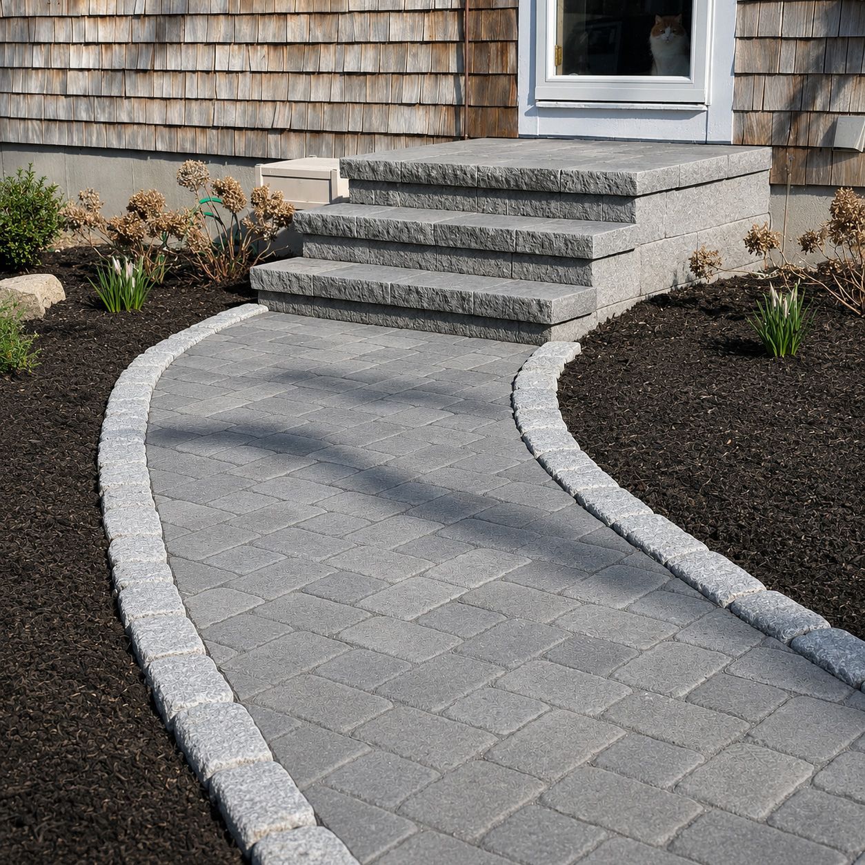 Curved stone walkway leading to front steps and a white door beside a shingled house