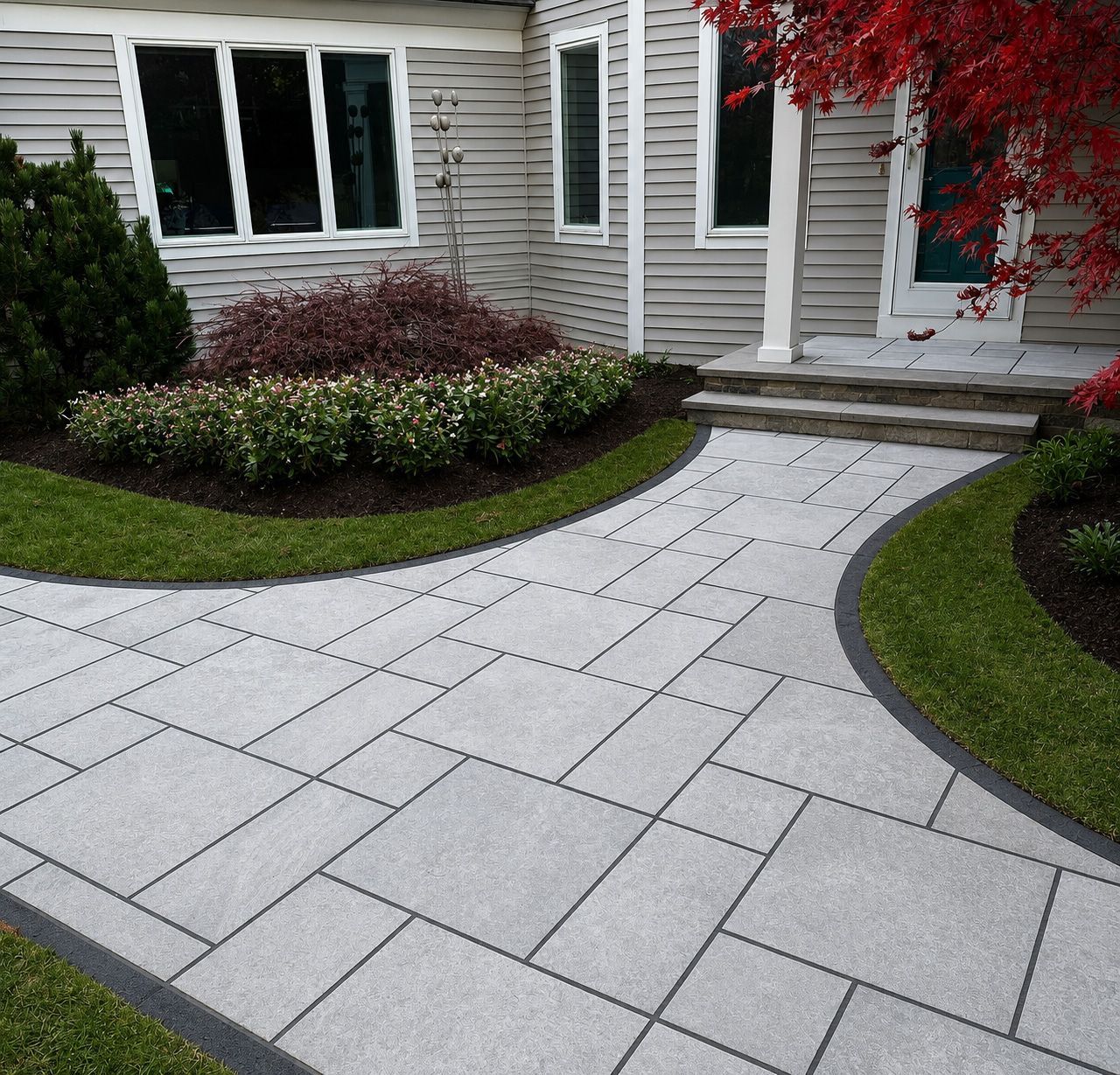 Front walkway of light gray pavers leading to a house with landscaped shrubs and a red tree.