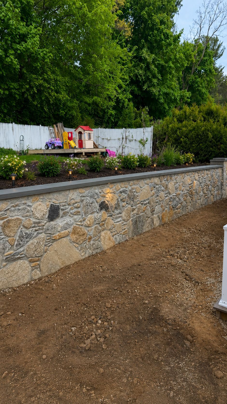 Stone wall with flowers on top beside a dirt path and green trees behind it