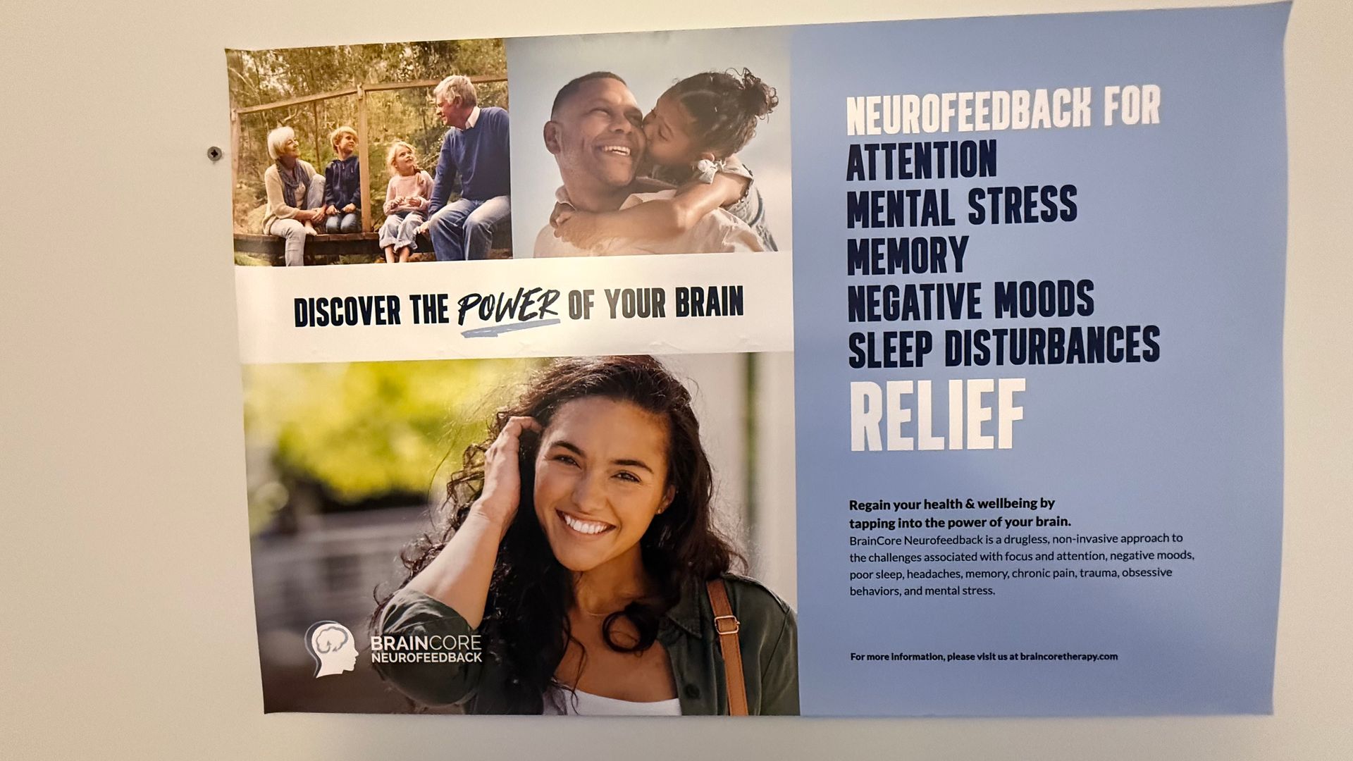 Poster for neurofeedback with photos of people and text listing benefits: attention, mental stress, memory, negative moods, sleep disturbances, and relief.