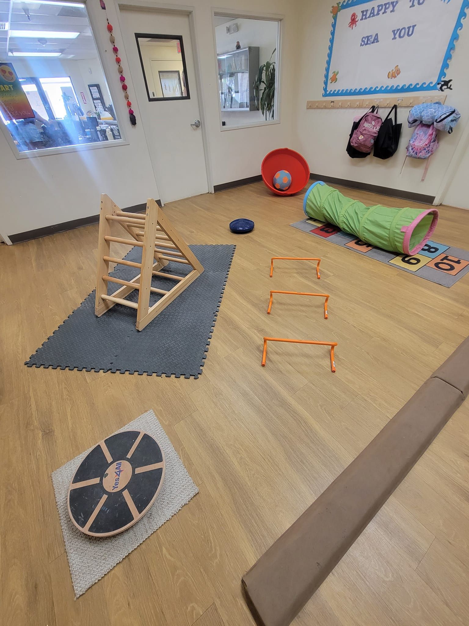 Playroom with climbing structure, balance board, tunnel, hurdles, and balance beam.