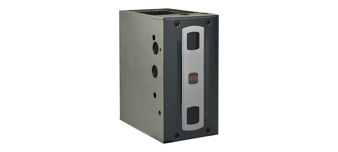 Gray rectangular electronic device with a black front panel and silver side vents on a white background