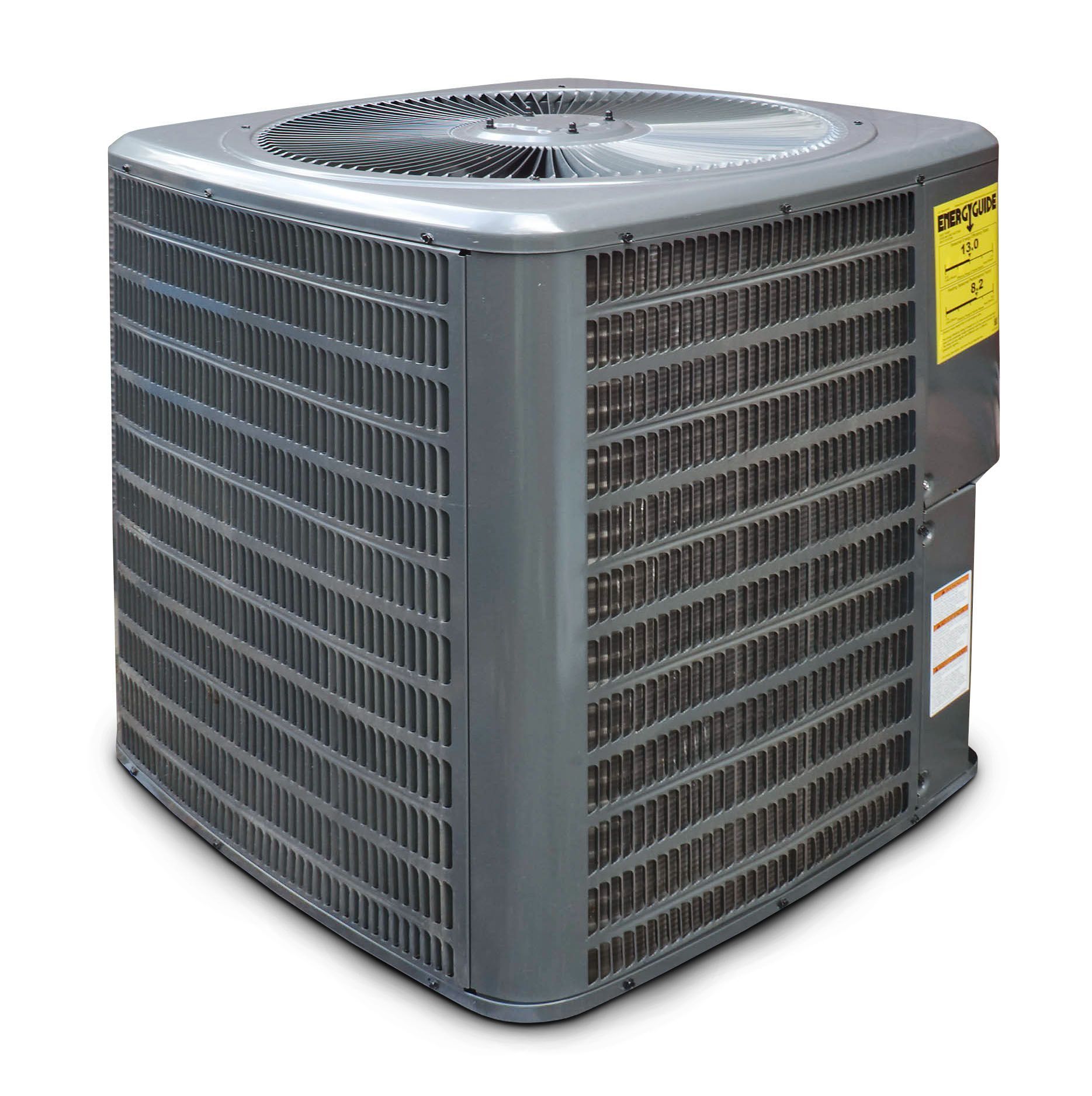 Central air conditioning unit, gray with exterior coils and fan on top.