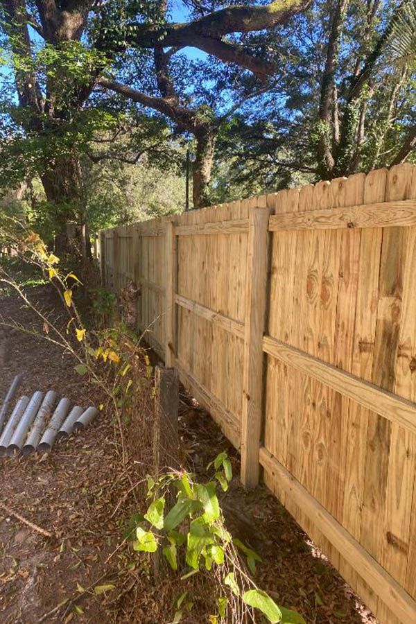 A wooden fence is surrounded by trees in a yard.