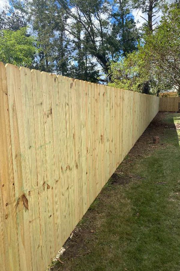 A long wooden fence is surrounded by trees in a backyard.