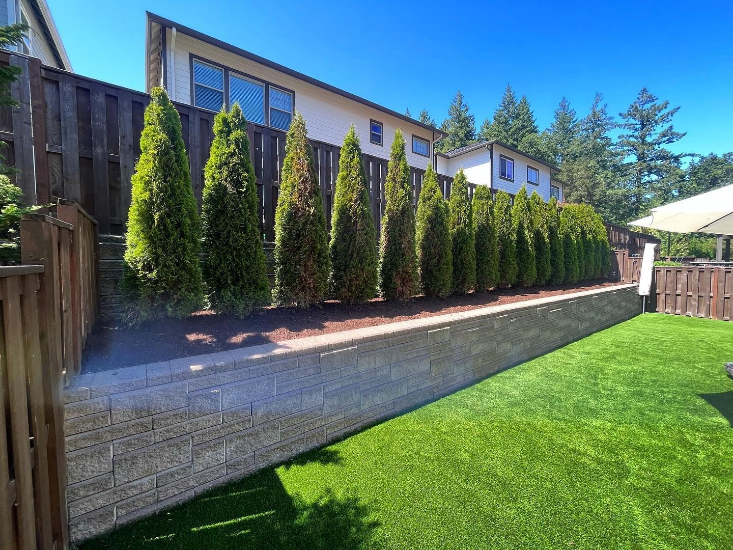 A backyard with a fence and trees in front of a house.