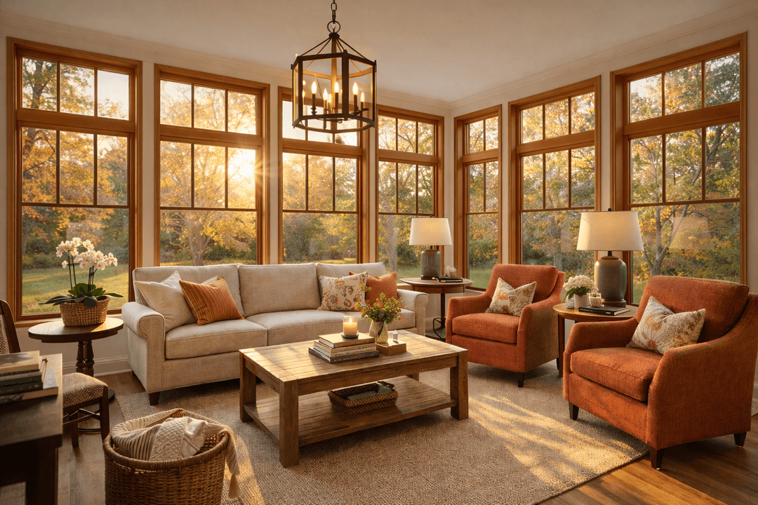 Sunroom with large windows, sofa, chairs, and warm autumnal colors.