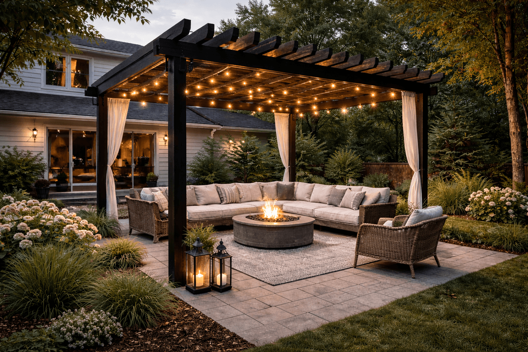 Outdoor patio with dark pergola, string lights, and sectional seating around a fire pit.