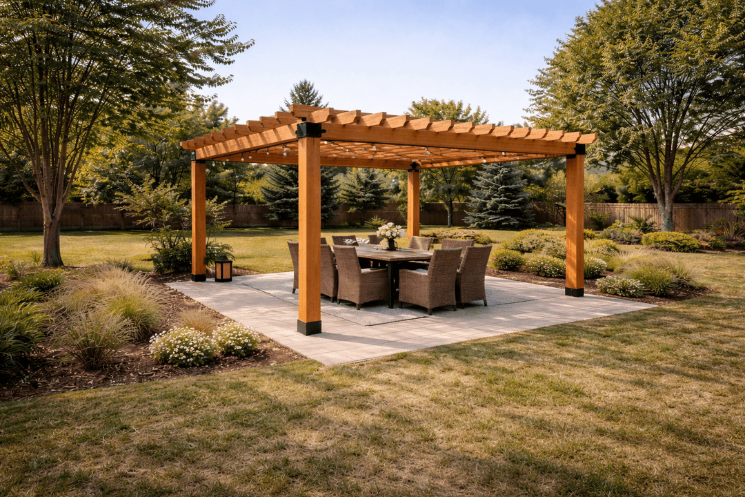 Pergola with dining set on a concrete patio in a backyard setting.