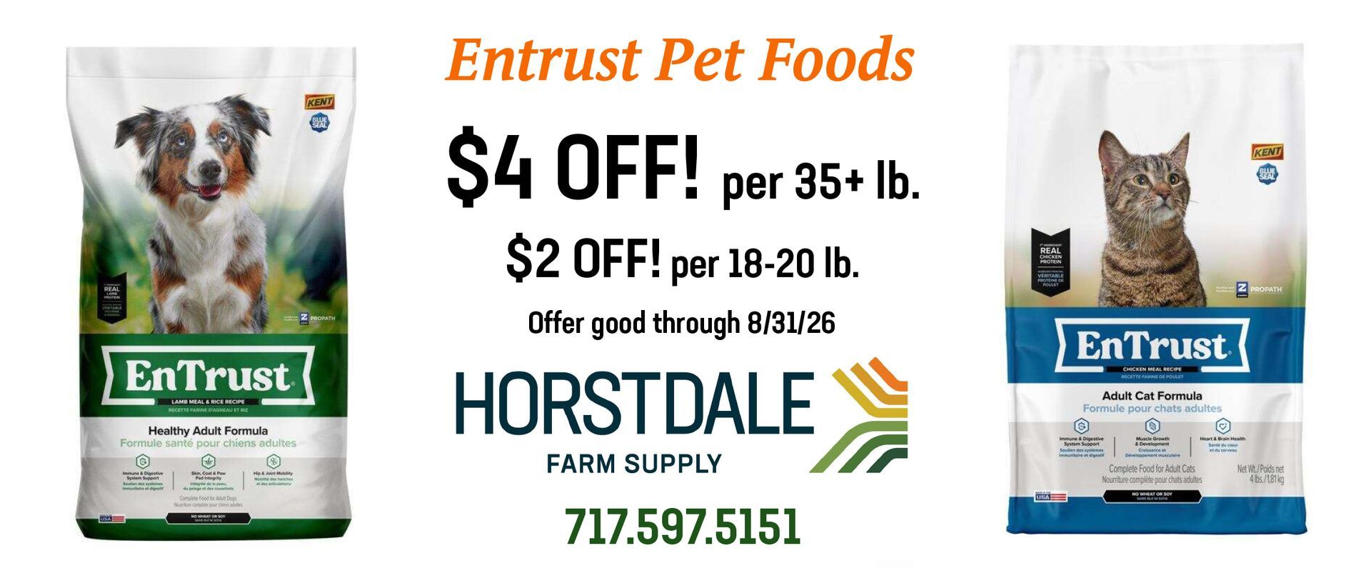 Entrust Pet Foods sale ad with dog and cat food bags,