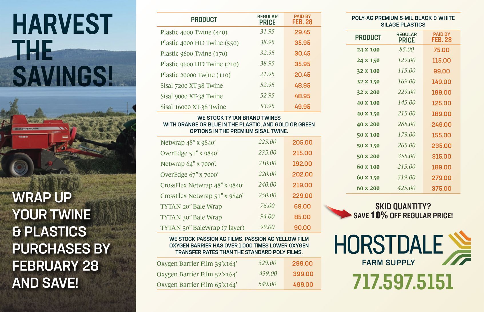 Ad for Horstdale Farm Supply: Harvest savings on twine and plastics by Feb 20. Shows a hay baler, price lists, and logo.