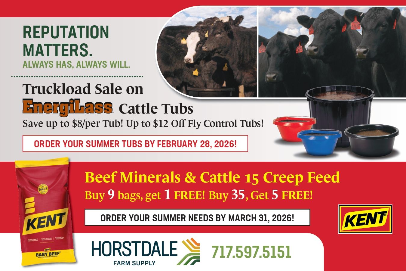 Ad for Horstdale Farm Supply: Harvest savings on twine and plastics by Feb 20. Shows a hay baler, price lists, and logo.