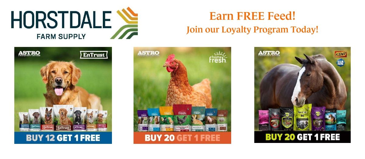 Ad for Horstdale Farm Supply: Harvest savings on twine and plastics by Feb 20. Shows a hay baler, price lists, and logo.